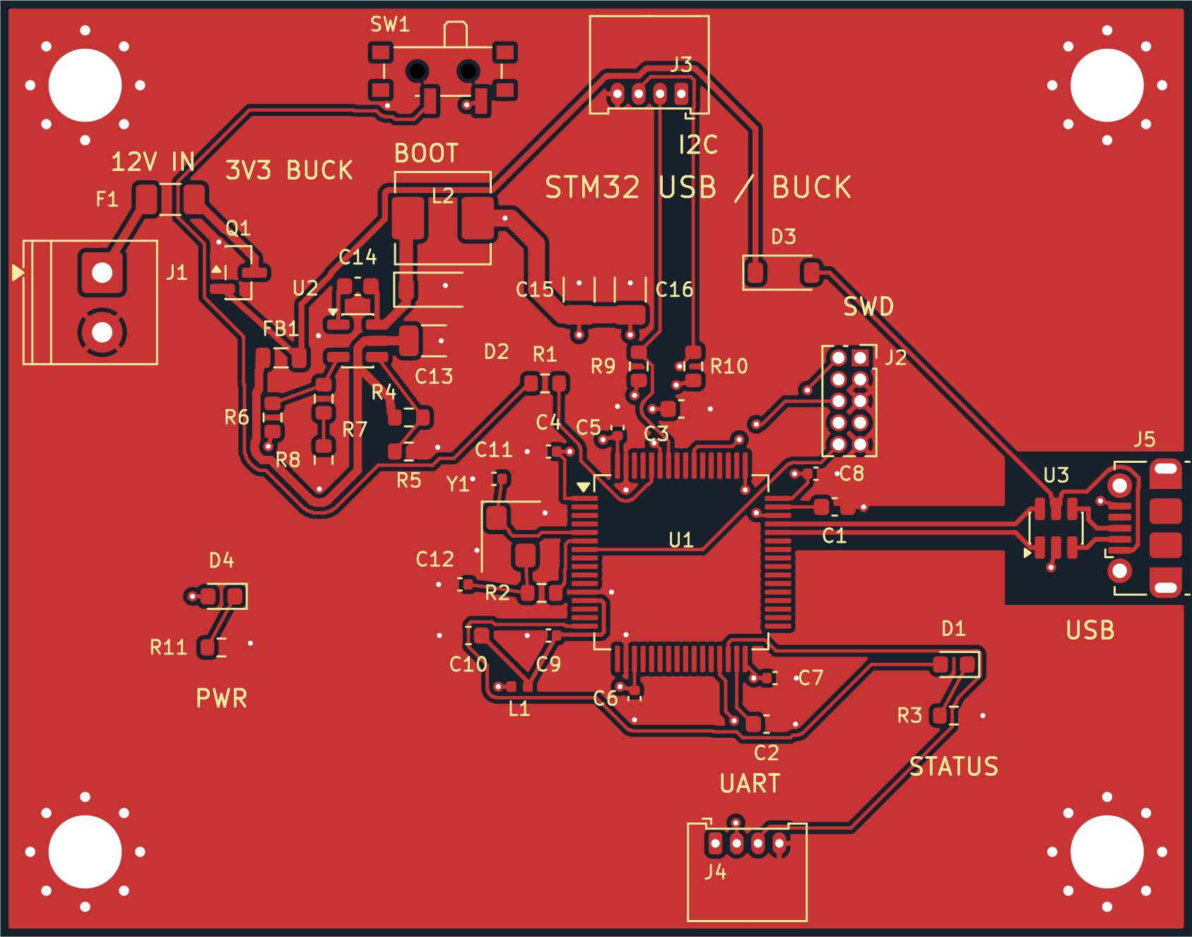 Actual KiCad front-copper layout of Keevan’s STM32 USB and buck-converter board